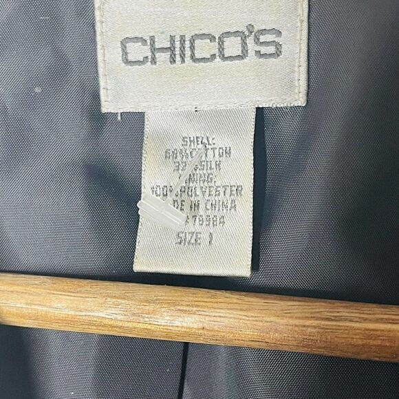 Chico’s women’s size 1 or M silk blend abstract print jacket black brown - Picture 3 of 5